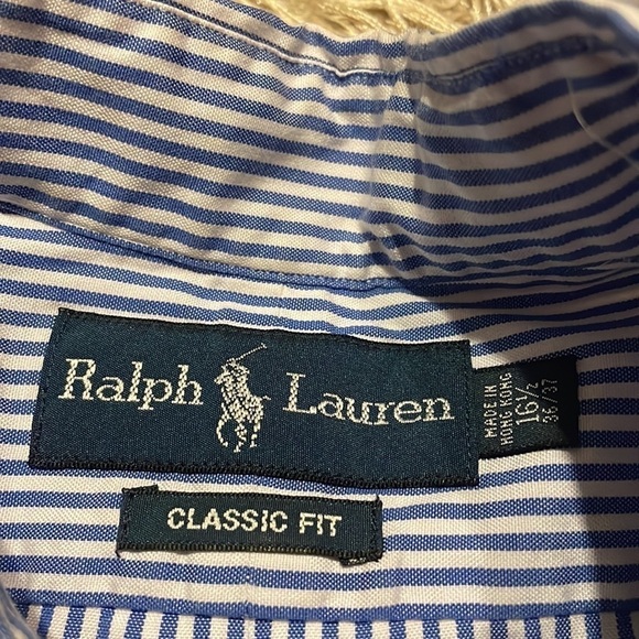 RALPH Lauren Classic Fit Blue and White Stripe Button Up Long Sleeve sz 16 1/2 - Picture 5 of 8